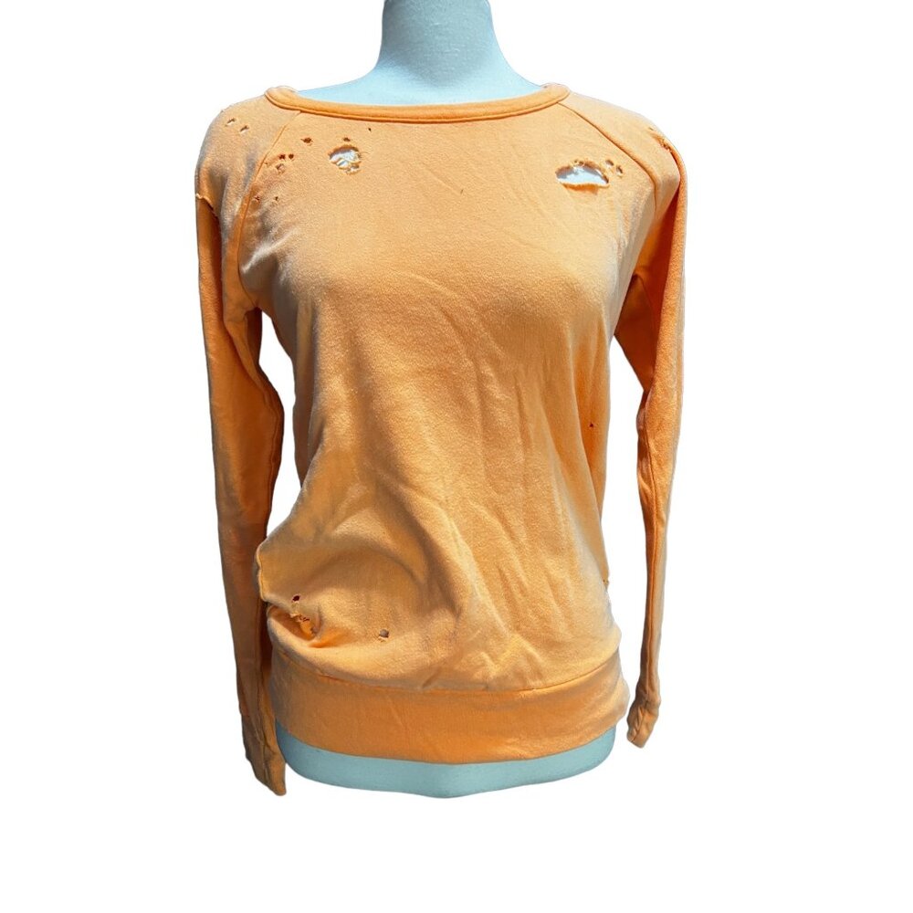 Chaser NWOT Distressed Long Sleeve Round Neck Sweatshirt Sz S Womens Bright Oran